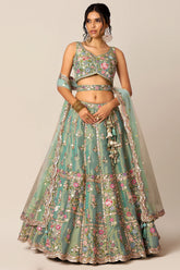 Sea Green Net Sequin and Beads Work Lehenga